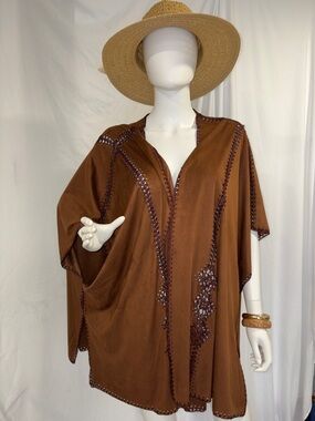Women's Brown Crochet-Trim Suede Poncho Kaftan